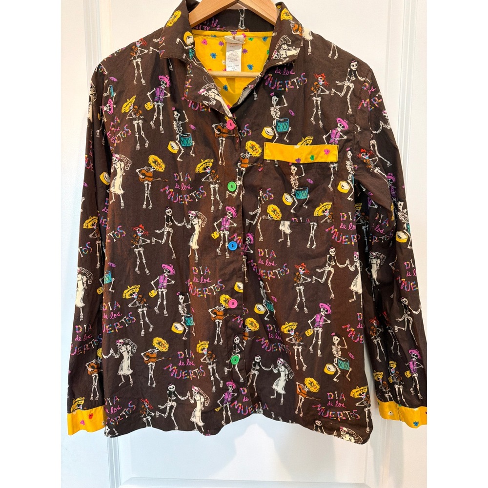 Munki Munki Dia de los Muertos Pajama Top Brown Cotton Skeleton Print Medium